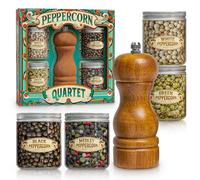 Gourmet Peppercorn Gift Set with Wooden Pepper Mill in Gift Box - 4 Variety (Green, Black, White, Medley). Unique Christmas Gifts for Dad Gifts Stocking Stuffers for Adults Mother Day Fathers Day