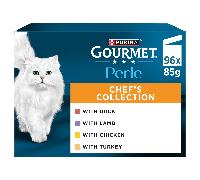 GOURMET Perle Mini Fillets in Gravy Chef's Collection (Turkey, Chicken, Duck, Lamb) Wet Cat Food 96x85g 96 x 85 g