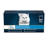 GOURMET Perle Mini Fillets in Gravy Ocean Collection (Salmon&Whitefish,Tuna&Shrimp,OceanFish&Tuna,Plaice&Shrimp) Wet Cat Food 60x85g 61 Pouch