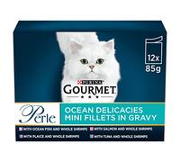 GOURMET Perle Mini Fillets in Gravy Ocean Delicacies (Salmon,Tuna,OceanFish,Plaice) Wet Cat Food Pouch 12x85g, Pack of 4
