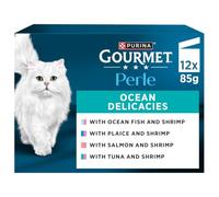 GOURMET Perle Mini Fillets in Gravy Ocean Delicacies (Salmon,Tuna,OceanFish,Plaice) Wet Cat Food Pouch 12x85g, Pack of 4
