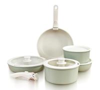 GOURMETIFIC® Pots and Pans Cookware Set [11 PIECES] - Non Toxic Ceramic Coated Cooking Ware - Induction, Gas & Oven Kitchenware - Non Stick Pot & Pan with Removable Handles & Stackable (Mint Green)