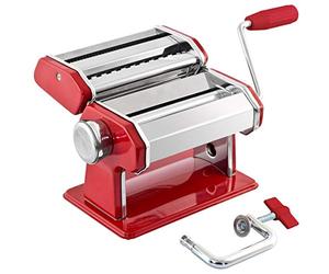 GOURMEX Stainless Steel Manual Pasta Maker Machine | with Adjustable Thickness Settings | Perfect for Professional Homemade Spaghetti and Fettuccini | Includes Removable Handle and Clamp (Red)