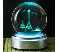 Goutangen 3D Crystal Ball 80mm Paris Eiffer Tower Gifts Ideas for Women Men, Laser Engraved Paris Ornament Glass Ball Decor with Multicolor Lighting Base