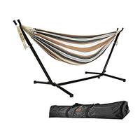 Goutime 9Ft Double Hammock with Stand,550 lbs Capacity, Includes Portable Carrying Bag Perfect for Indoor Outdoor Patio, Deck, Yard,Balcony (Brown&White)