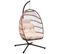 Goutime Hanging Egg Chair with Stand and Waterproof Cover, Foldable Egg Swing Chair with UV Resistant Cushion 450lbs Capacity for Indoor Bedroom Outdoor Garden Backyard (Reddish Brown)