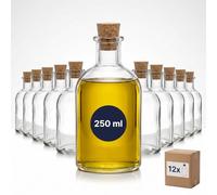 gouveo Set of 12 Glass Bottles 250 ml (0.25 L) Apothecary Bottle Round with Conical Cork, Clear Glass Filling Bottles for Liquor, Syrup, Juice, Oil & Vinegar (AFRT250SKE)