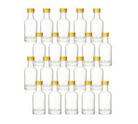 gouveo Set of 20 50 ml glass bottles classic with screw cap, gold, round mini bottle with thick base and narrow neck, ideal for liqueurs, oil, samples, cosmetics (KFT050G)