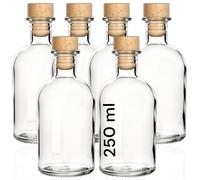 gouveo Set of 6 Glass Bottles 250 ml Pharmacist with Cork (HGK) - Round Bottle for Filling - Empty Apothecary Bottle for Liqueur, Oil, Vinegar (AFRT250HGK)