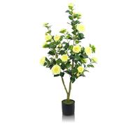 GOVIRAYE 120cm/4FT Artificial Camellia Tree in Pot, Faux Blooming Plant with Yellow Flowers & Lifelike Green Leaves, Indoor Outdoor Potted Fake Trees for Home Office Garden Living Room Decor