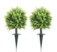 GOVIRAYE 24Inch Artificial Eucalyptus Topiary Balls Trees 2-Pack UV Resistant Weatherproof Faux Shrubs lifelike Fake Plants with ground Spikes for Front Door Summer Garden Wedding Outdoor Decor