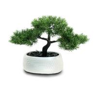 GOVIRAYE 9.5 Inch Artificial Bonsai Tree in Ceramic White Pot with Stone, UV Resistant Lifelike Pine Plants for Home Office Desk Decor, Realistic Mini Potted Fake Plant Gift