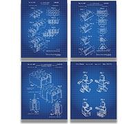 Govivo Legos Patent - A Set of Four Lego Patents Wall Art Decor Prints with blue backgrounds - unframed artwork printed on photograph paper