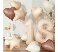 Govpy 11pcs Beige, Cream, Nude Apricot Brown Boho Heart & Star Balloons with Number 18 for Girls, Women Birthday Party Decor