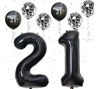 Govpy 21st Birthday Balloons Black, 21st Birthday Decorations for Him with Large Number 21 Foil Balloon Birthday Print Confetti Balloons Metallic Black Latex Balloons for Her Girls Boys Bday Decor Supplies