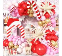 Govpy Christmas Balloon Arch Garland Kit, 129Pcs Pastel Pink White Red Metallic Gold Xmas Latex Balloon with Explosion Star Cane Foil Balloons for Birthday Party Decor Christmas New Year Decorations