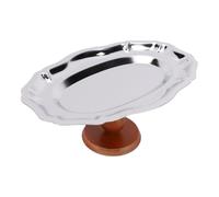 GOWENIC Vintage Footed Dessert Platter with Wood Base, 304 Stainless Steel Oval Display Plate for Ice Cream, Pudding, Yogurt, Fruit - 8.3x5.4x3.5 Inch, Elegant Serving Tray for Parties (Brown)