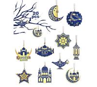 Gowik Ramadan Ornaments - 20pcs Wooden Pendant Ramadan Kareem Hanging Decoration Eid Mubarak, Moon Star Wind Light Shape DIY Crafts Decorative for Tabletop Trees Decor
