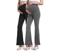 Gowjog Pregnancy Leggings Women's Maternity Flared Leggings Maternity Yoga Pants Opaque Stretchy Bootcut Over the Stomach Maternity Trousers for Work Lounge Sports Trousers, Black/Melange Grey 2 Pack,