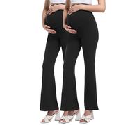 Gowjog Pregnancy Leggings Women's Maternity Flared Leggings Maternity Yoga Pants Opaque Stretchy Bootcut Over the Stomach Maternity Trousers for Work Lounge Sports Trousers, Black/Black 2 Pack, S