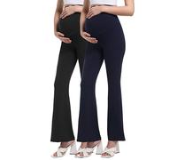 Gowjog Pregnancy Leggings Women's Maternity Flared Leggings Maternity Yoga Pants Opaque Stretchy Bootcut Over the Stomach Maternity Trousers for Work Lounge Sports Trousers, Black/Navy 2 Pack, L