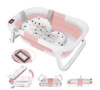 Gowkeey Large Foldable Baby Bath with Bath Mat, Integrated Thermometer, Shower Head Connection, Space Saving, Ergonomic, Portable, Pink, Newborn to 36 Months
