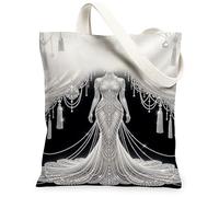 Gown Canvas Tote Bag for Women, Elegant Glamorous Pearls Diamonds N/a Black Washable Reusable Graphic Tote Bag Ideas for Shopping Trips Office Library Casual 13x15 Inch