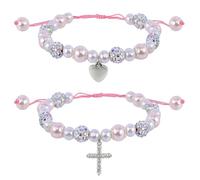 GOWTX 2Pcs Pearl and Rhinestone First Communion Bracelets, Heart Cross Rosary Bead Bracelets, Holy Baptism Gift Charm Bracelets, First Communion Confirmation Pearl Gift for Girls Baby's Christening
