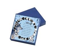 Gowvvxu Wolf Bracelet with Black White Natural Fire Agate Beads, Wolf Charm & I am Wolf Card - Ideal Wolf Jewelry & Gift for Wolf Enthusiasts, 5 UK, Stone, no gemstone