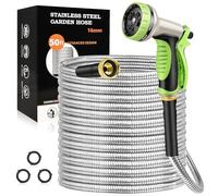 GOXAWEE Garden Hose, Stainless Steel Heavy Duty Water Hose with 10 Function Nozzle, No-Kink, Tough & Flexible, Sturdy and Lightweight, Rust Proof for Yard, Outdoor, RV (50FT)
