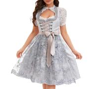 Goxozzy Women's Grey Floral Dirndl Dress Size 12, Knee-Length, Sleeveless, High Waist, Sweetheart Neck, Festival, Traditional German