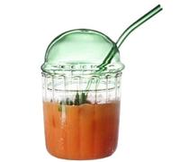 GOXQIT 450ml Simple Stripe Coffee Glass Cup with Lid and Straw Transparent Bubble Tea Juice Milk Cups Breakfast Mug for Smoothie Juice(Green)
