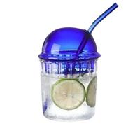 GOXQIT 450ml Simple Stripe Coffee Glass Cup with Lid and Straw Transparent Bubble Tea Juice Milk Cups Breakfast Mug for Smoothie Juice(Blue)