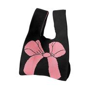 GOXQIT Knit Handbag For Women Casual Wrist Bag Reusable Knitted Wristlet Shopping Bags For Outdoor for Shopping(Black-pink)
