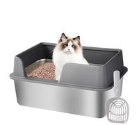 Goyappin XL Stainless Steel Cat Litter Box With Scoop - High Sides, Non-Sticky, Anti-Leakage, Easy Cleaning Metal Pan Tray for Large Cats