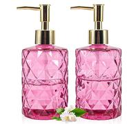 GOYISEE Glass Soap Dispenser - 2 Pack,12 Oz Diamond Design Glass Refillable Hand Soap Dispensers,Mouthwash & Lotion Dispensers for Kitchen, Bathroom (Rose)