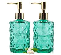 GOYISEE Glass Soap Dispenser - 2 Pack,12 Oz Diamond Design Glass Refillable Hand Soap Dispensers,Mouthwash & Lotion Dispensers for Kitchen, Bathroom (Green)