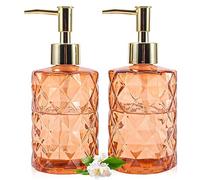 GOYISEE Glass Soap Dispenser - 2 Pack,12 Oz Diamond Design Glass Refillable Hand Soap Dispensers,Mouthwash & Lotion Dispensers for Kitchen, Bathroom (Amber)