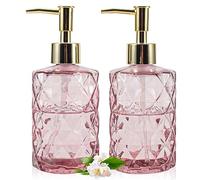 GOYISEE Glass Soap Dispenser - 2 Pack,12 Oz Diamond Design Glass Refillable Hand Soap Dispensers,Mouthwash & Lotion Dispensers for Kitchen, Bathroom (Pink)