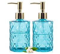 GOYISEE Glass Soap Dispenser - 2 Pack,12 Oz Diamond Design Glass Refillable Hand Soap Dispensers,Mouthwash & Lotion Dispensers for Kitchen, Bathroom (Blue)