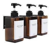 GOYISEE Plastic Refillable Hand Soap Dispenser Modern Square Pump Bottle for Bathroom Vanities or Kitchen Sink, Countertops - 3 Packs with Waterproof Label (3B3W-Amber)
