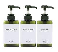 GOYISEE Plastic Refillable Hand Soap Dispenser Modern Square Pump Bottle for Bathroom Vanities or Kitchen Sink, Countertops - 3 Packs with Waterproof Label (3B-Green)