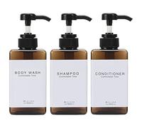 GOYISEE Plastic Refillable Hand Soap Dispenser Modern Square Pump Bottle for Bathroom Vanities or Kitchen Sink, Countertops - 3 Packs with Waterproof Label (3B-Amber)