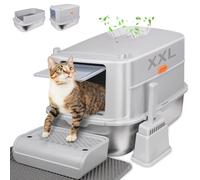 GOYJOY Extra Large Stainless Steel Cat Litter Tray, XXL Semi-Closed, Grey, Easy to Clean