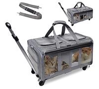 GOYJOY Pet Roll Bag with Two Compartments and Wheels for 2 Pets Holds up to 35 lbs, Rolling Bag for 2 Cats, Super Ventilated Design, Ideal for Travel/Hiking/Camping