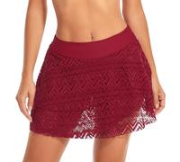 GoyRrbay Women's Triple Layer Ruffle Lace Swim Skirt Swimsuit Bottom, Red Wine, Small