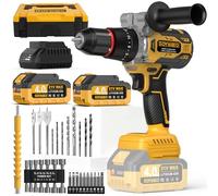 GoYwato 140N·m Cordless Hammer Drill - 21V 1/2-Inch Brushless Electric Power Drills Set w/ 2 x 4.0Ah Battery & 36PCs Accessory & Self-Locking Metal Chuck Impact Drill for Drilling Wood Bricks Metal