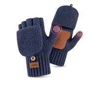GOZIAN Fingerless Gloves for Women, Thermal Knit Gloves with Anti-Slip Leather Palm, Touchscreen Thumb, Fleece Lined Winter Warmers for Driving, Typing, Cycling & Dog Walking (Navy)