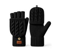 GOZINA Fingerless Gloves with Mitten Cover, Fleece Lined Knit Fingerless Gloves for Women Men with Touchscreen Thumb, Winter Warm Windproof Gloves for Typing, Driving, Work & Dog Walking (Black)