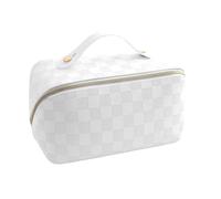GOZINA Large Capacity Makeup Bag, Portable Cosmetic Bags for Women Girls, Make up Bag, PU Leather Waterproof Travel Makeup Organiser, Toiletry Bag with Handle, Flat Lay Makeup Bag for Beauty (White)